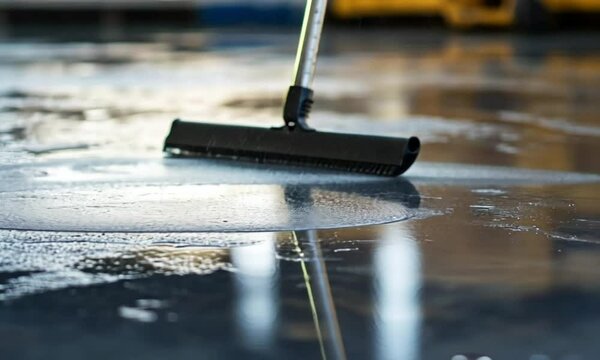 A close-up of a squeegee cleaning a shiny floor surface.