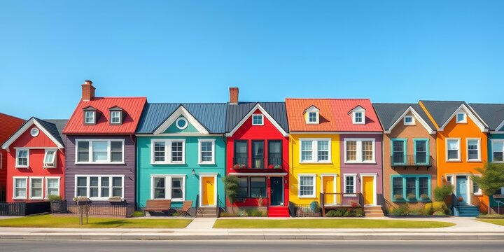 Vibrant row of colorful houses, flat style, blank space, colorful houses, illustration