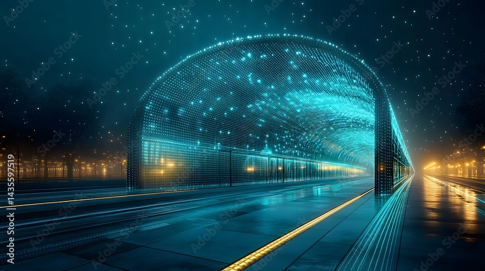 Poster futuristic cityscape at night with a glowing blue tunnel archway. reflective surface mirrors the str