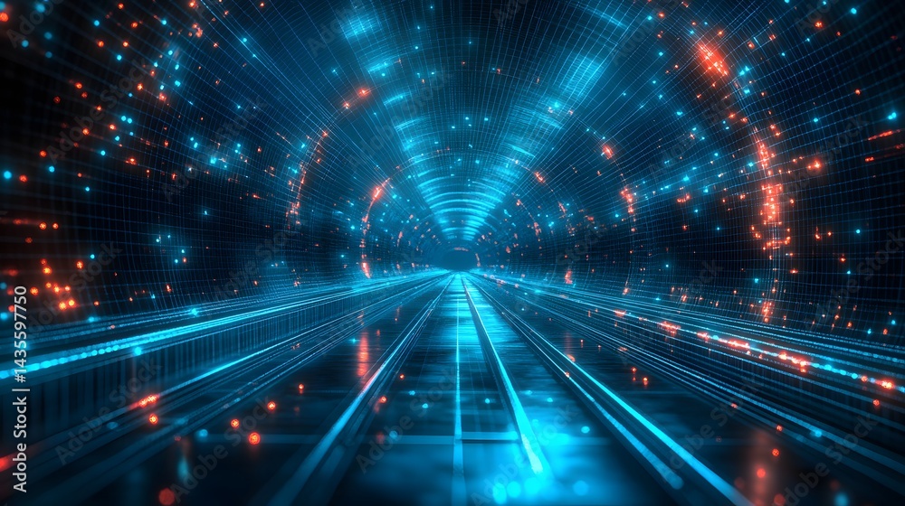 Poster futuristic tunnel vision with red and blue light points. high tech digital grid floor. immersive dig