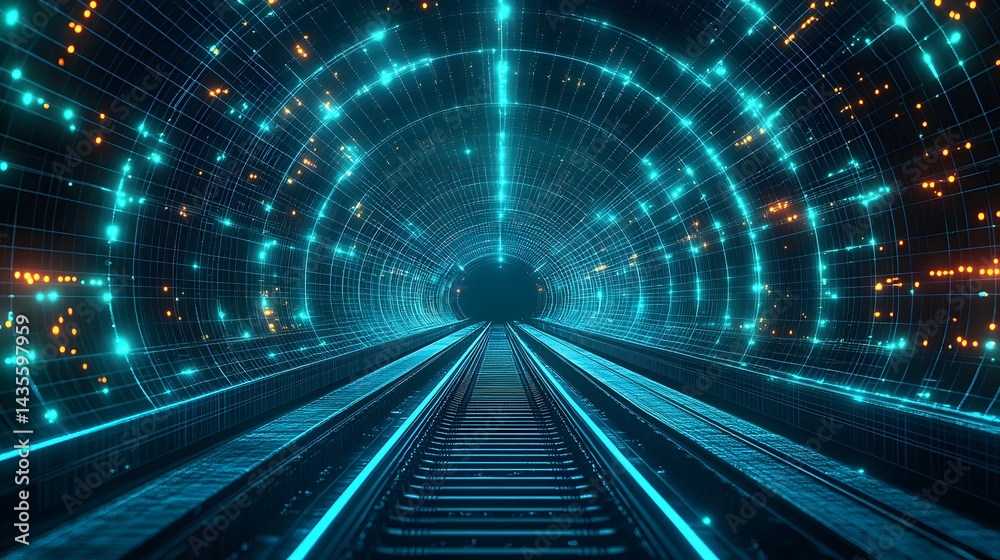 Poster Futuristic subway tunnel illuminated by neon lights, showcasing advanced transportation technology. Glowing blue gridlines enhance depth, creating a high-tech feel. Abstract wireframe in dark blue.