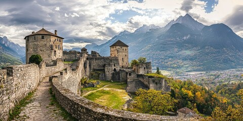 Naklejka premium Medieval fortress with towering stone walls.