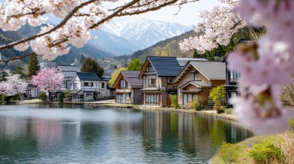View from lake showing wooden houses framed by blooming cherry trees, mountains faint in background