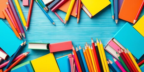 Vibrant seamless texture of pencils, books, and colorful school supplies, kids, children