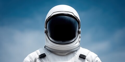 Close portrait of astronaut in white suit with visible face and blue sky behind showing realistic facial expression and reflective gear in isolated outdoor environment