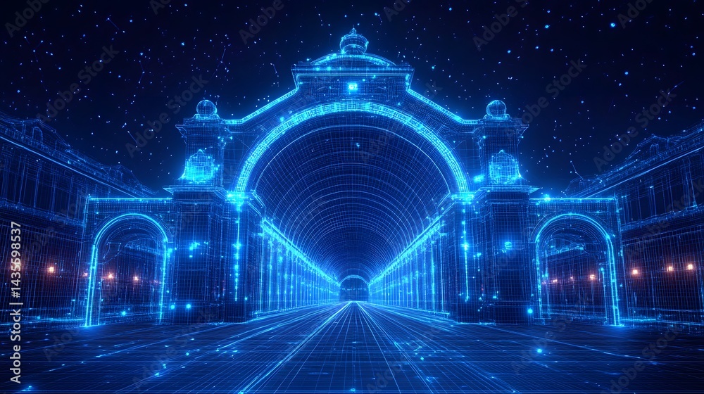 Fototapete futuristic tunnel with grand archway, rendered in vibrant blue wireframe against a starlit sky. a di