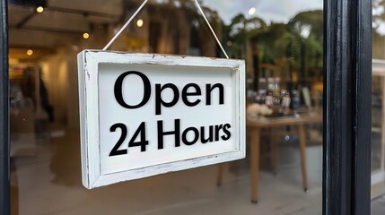 A glass storefront displays a bright Open 24 Hours sign, welcoming customers anytime.