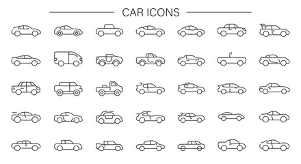 Vehicle illustrations: cars, trucks, and SUVs in minimalistic line art.