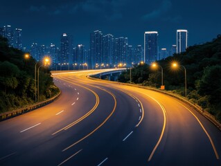 Night highway curves through cityscape, illuminated by streetlights, city skyline visible in background