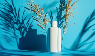Photo of blank white cosmetic bottles and tubes on a blue background with shadows from palm leaves, a mockup template for a branding presentation design project. 