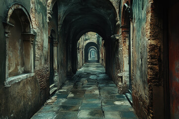 Fototapeta premium Ancient alley in Old Delhi bustling with vibrant colors, intricate architecture, people navigating through busy market stalls.