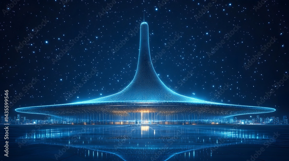 Poster futuristic structure glows amidst a starry cityscape, reflected in a sleek foreground. blue hues cre