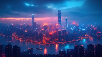 Obraz premium Futuristic cityscape with neon lights and high-tech buildings, night scene, high-detail realism