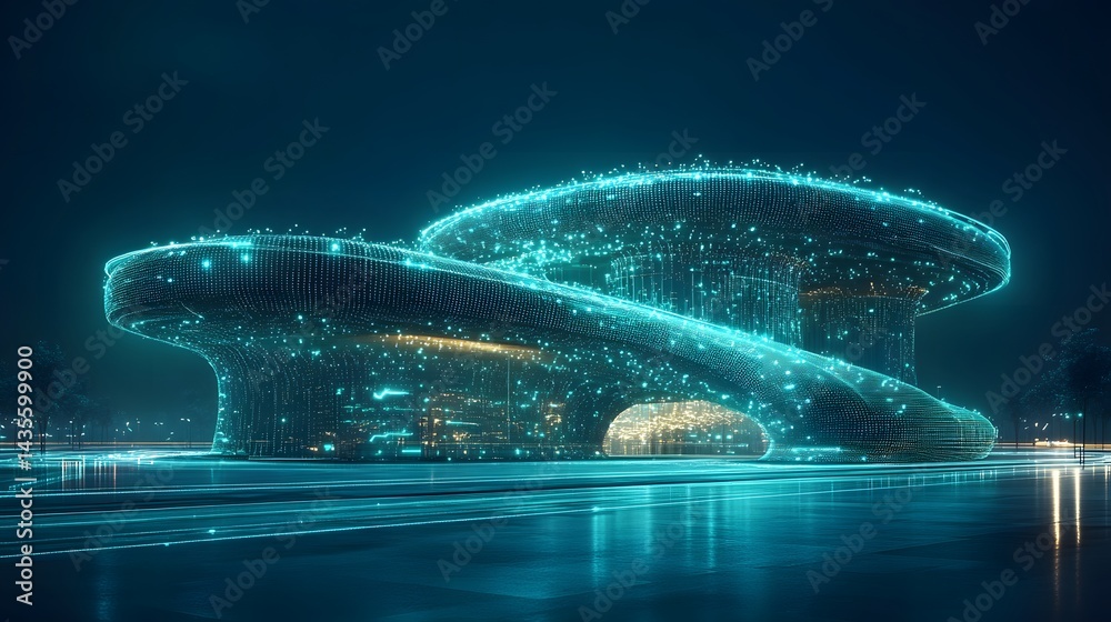 Poster futuristic architecture glows blue in an urban nightscape. organic, digital design is illuminated wi