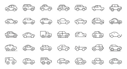 Minimalist car, truck, and van icons in a clean black and white design