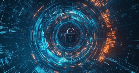 Fototapeta premium Abstract digital security background with a padlock symbol and a blue circular pattern, a vector illustration of a data protection technology concept. A large lock in the center on a dark, abstract, 