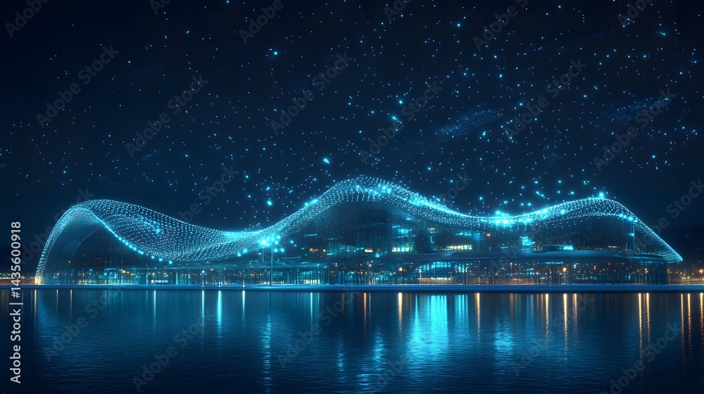Aufkleber modern, illuminated glass building complex reflecting in water under a night sky. a glowing wave of 