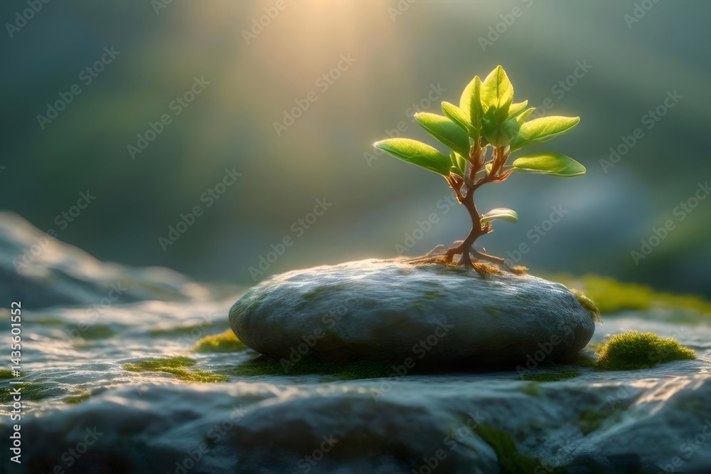 Poster 石の上に育つ小さな芽 太陽光を浴びた明るい緑の葉 柔らかい背景 自然の生命力と成長の象徴