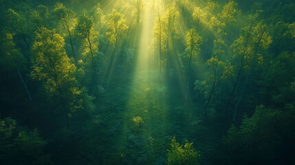 Obraz premium Sunlight through lush, green forest canopy, aerial view