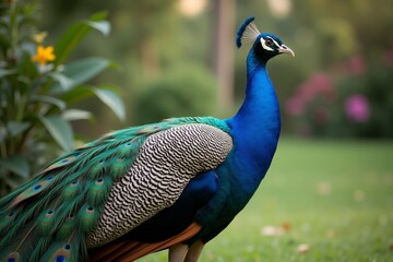 Obraz premium magnificent peacock displaying its vibrant tail feathers in a lush garden, rich jewel tones, intricate patterns