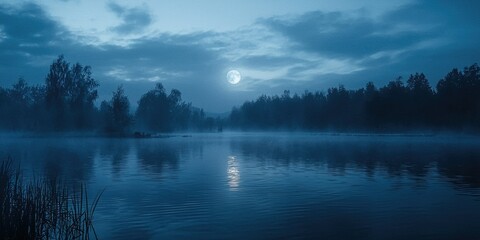 Fototapeta premium Misty lake at midnight, with a glowing moon reflecting on the water.