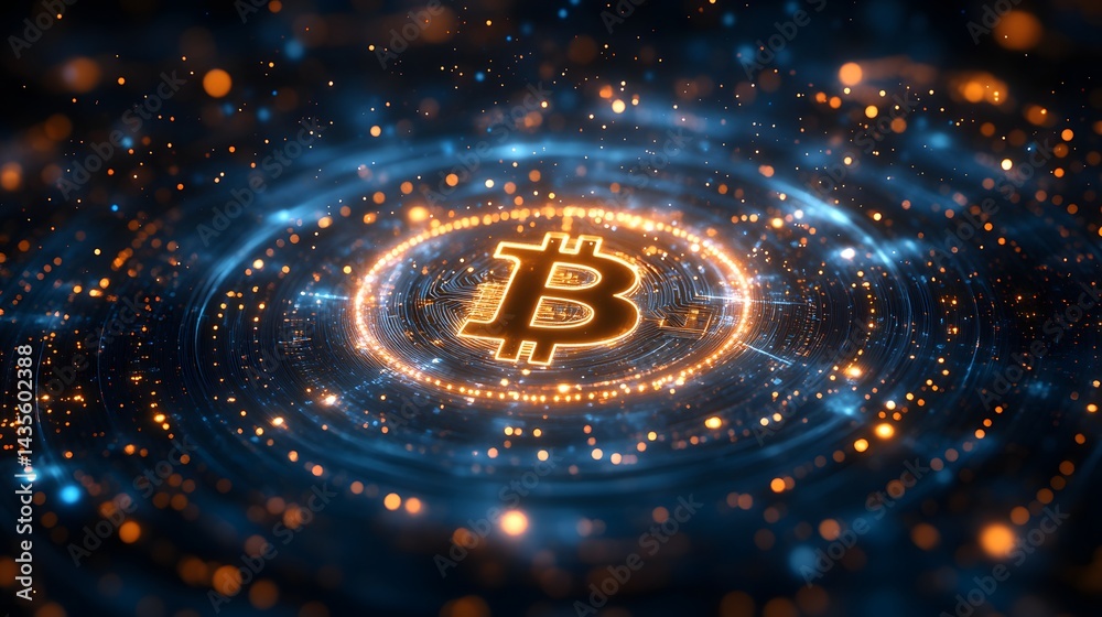 Leinwandbilder a glowing bitcoin symbol radiates energy against a deep blue backdrop, surrounded by a bokeh of oran