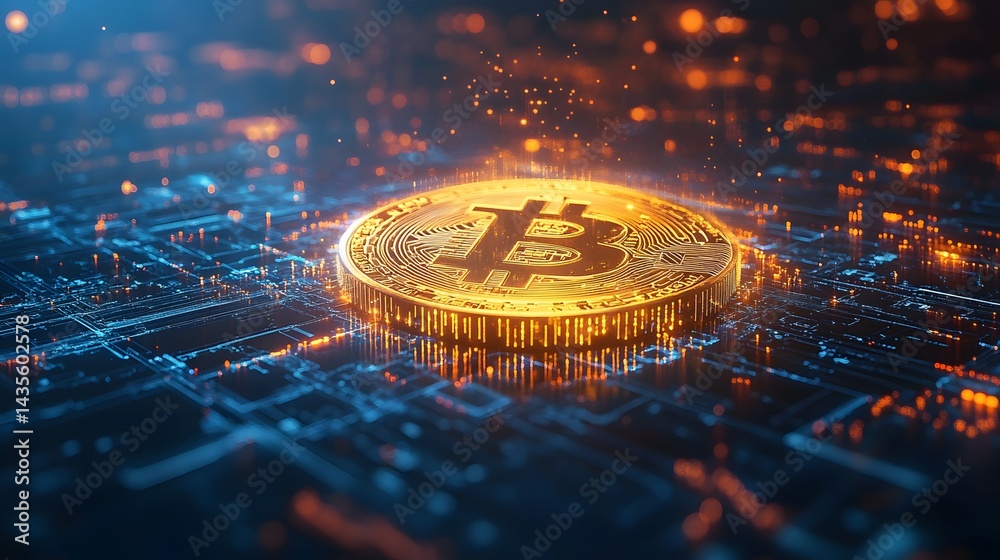 Poster A striking gold Bitcoin coin displayed on a digital circuit board landscape, illuminated by bokeh lights, symbolizes cryptocurrency's digital presence. Abstract wireframe in dark blue