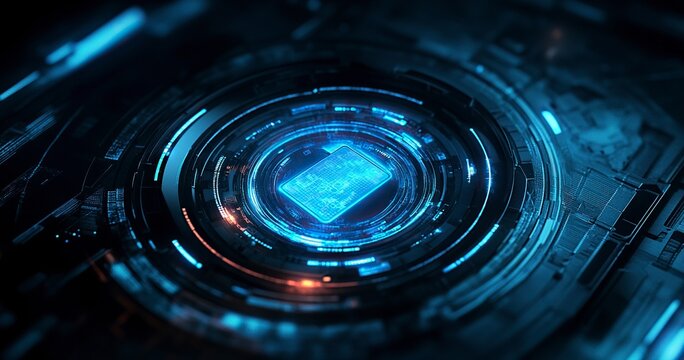 Abstract futuristic background with a digital padlock symbol in a blue circle on a dark background, representing the concept of security and data protection for online presence or business technology 