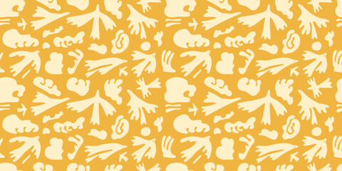 Vector birds flying silhouettes. Animal shape seamless pattern. Simple naive art flat cartoon background in bright sunny colors. Abstract clouds backdrop in wavy and groovy 70s style.