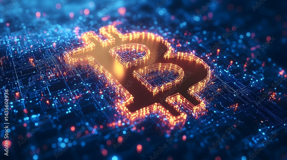 Poster Futuristic Bitcoin concept art. A glowing Bitcoin symbol amidst a circuit board design and network of lights evokes cryptocurrency's digital essence Abstract wireframe in dark blue