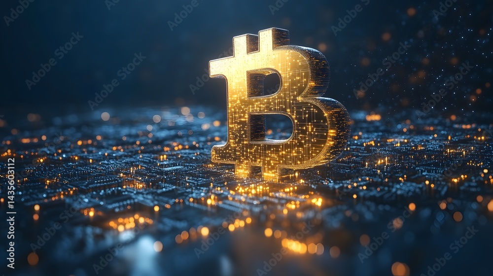 Poster A radiant golden Bitcoin symbol illuminates a dark blue, circuit-laden surface. The grid structure and scattered lights create a futuristic crypto investment scene. Abstract wireframe in dark blue.