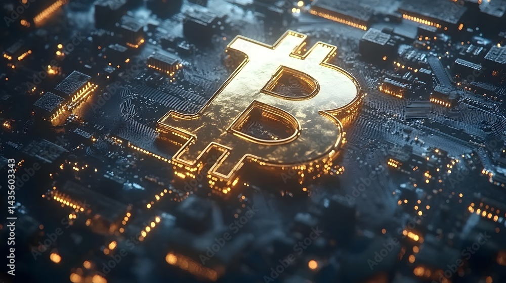 Poster detailed circuit board artfully merges technology and cryptocurrency with a central golden bitcoin s