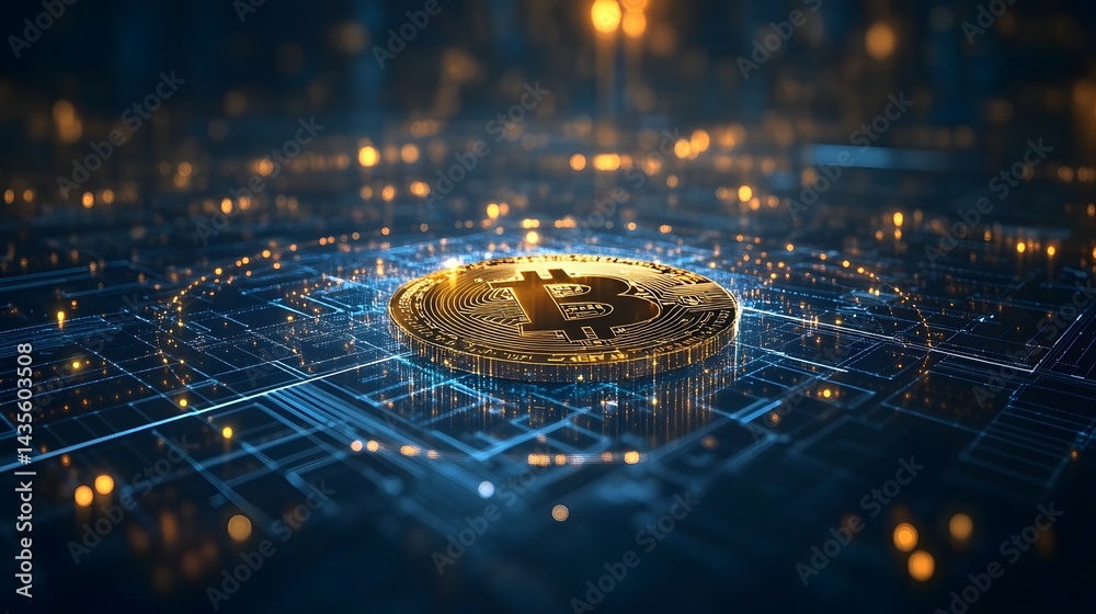 Poster A golden Bitcoin coin gleams atop a digital grid, symbolizing the future of cryptocurrency. Bokeh lights add depth to this high-tech visual. Abstract wireframe in dark blue.