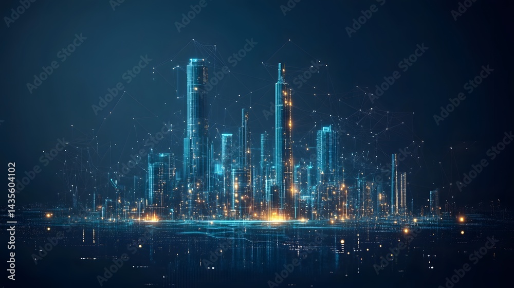 Fototapete futuristic cityscape gleams with light blue and orange against a dark backdrop, interconnected by da