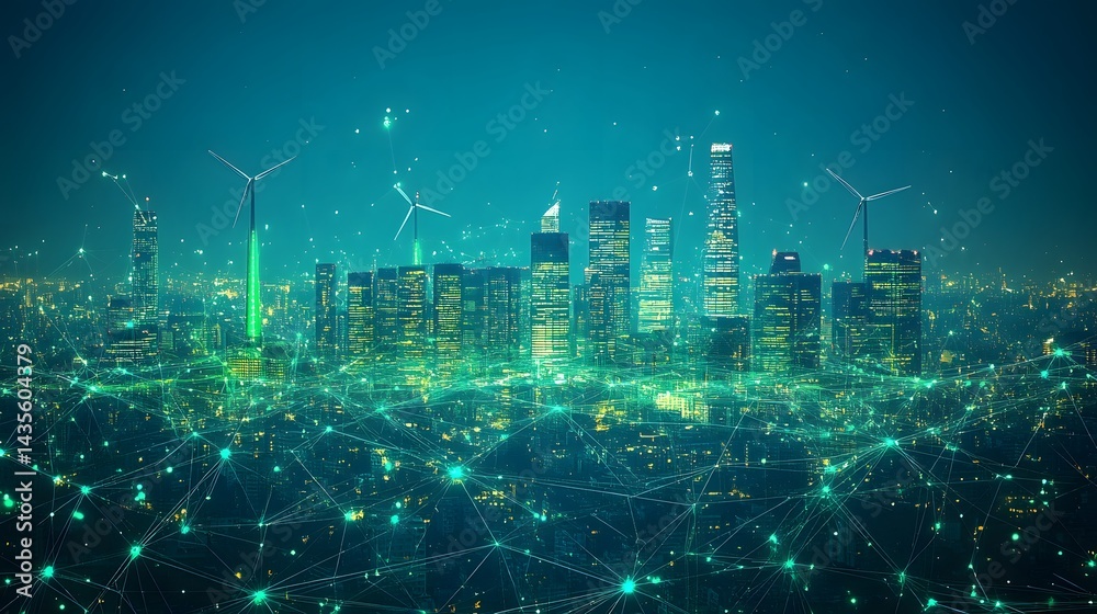 Poster futuristic cityscape at night featuring interconnected skyscrapers, wind turbines, and a glowing gre