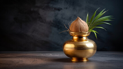 Akshaya Tritiya, Dhanteras, and festiveal of diwali traditions Golden pot and coins with festive coconut on dark background texture
