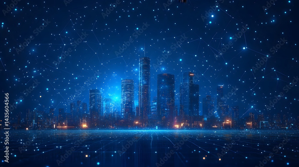 Aufkleber futuristic cityscape at night with a digital grid foreground and illuminated skyscrapers. a cool, bl