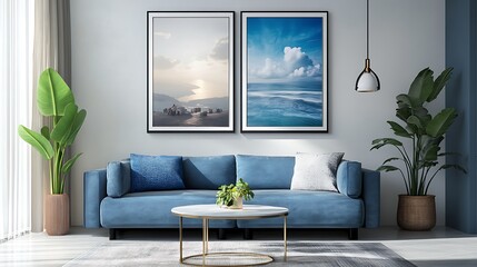 Modern living room scene with framed landscape prints.
