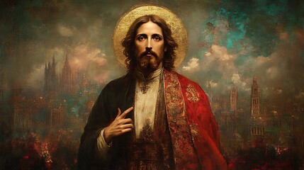 Serene Christ figure, red robe, halo, cityscape backdrop