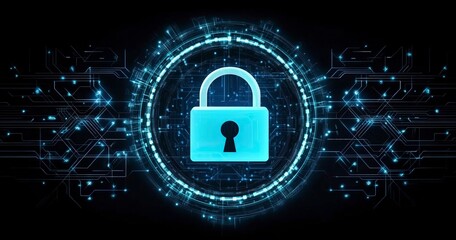 Abstract futuristic background with a digital padlock symbol in a blue circle on a dark background, representing the concept of security and data protection for online presence or business technology 