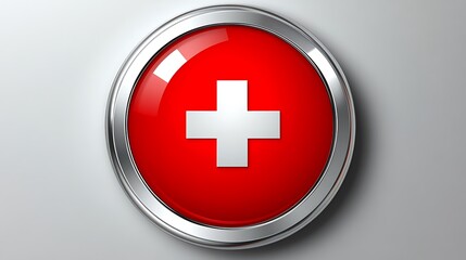 Obraz premium Red button with white cross, metallic rim