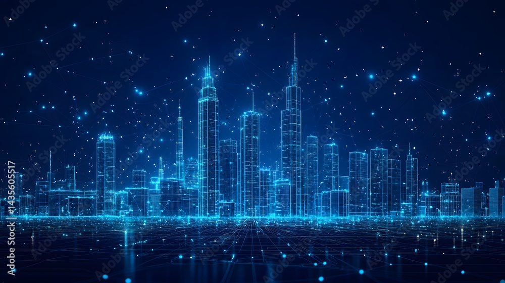 Poster futuristic city wireframe glows blue, embodying tech advancements. glowing lines suggest interconnec