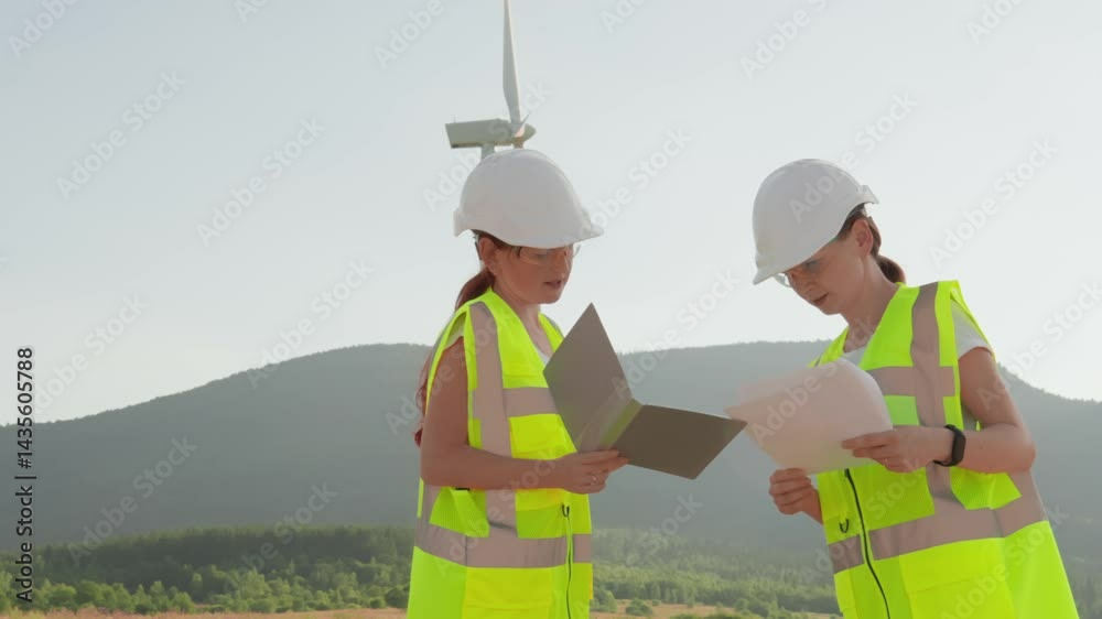 Poster two skilled female engineers in safety gear are reviewing documents for a wind turbine project, emph