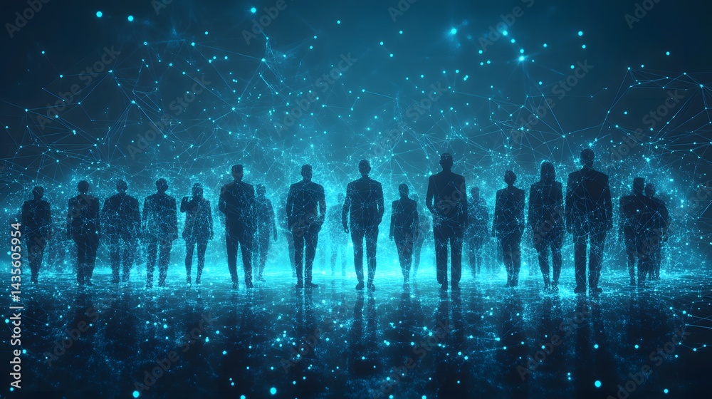 Fototapete Silhouetted figures connected by a blue digital network stand on a virtual surface. A complex web links them, creating a futuristic and technological atmosphere. Abstract wireframe in dark blue