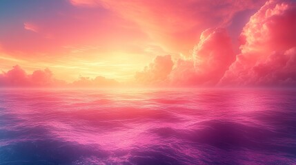 Obraz premium Vibrant Pink and Orange Sunset Over a Calm Ocean with Fluffy Clo