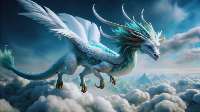 Majestic White and Turquoise Feathered Dragon Soaring Through Clouds