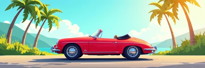 Vibrant vector illustration of low poly convertible car in sunny summer setting, low poly, illustration, summer