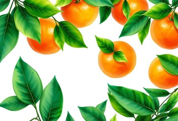 Vibrant watercolor oranges & lush green leaves, isolated on white, watercolor, delicious