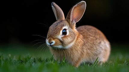Fototapeta premium Adorable brown rabbit on green grass