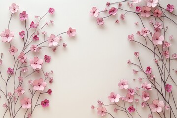 Fototapeta premium Delicate pink flowers arranged in a symmetrical frame.